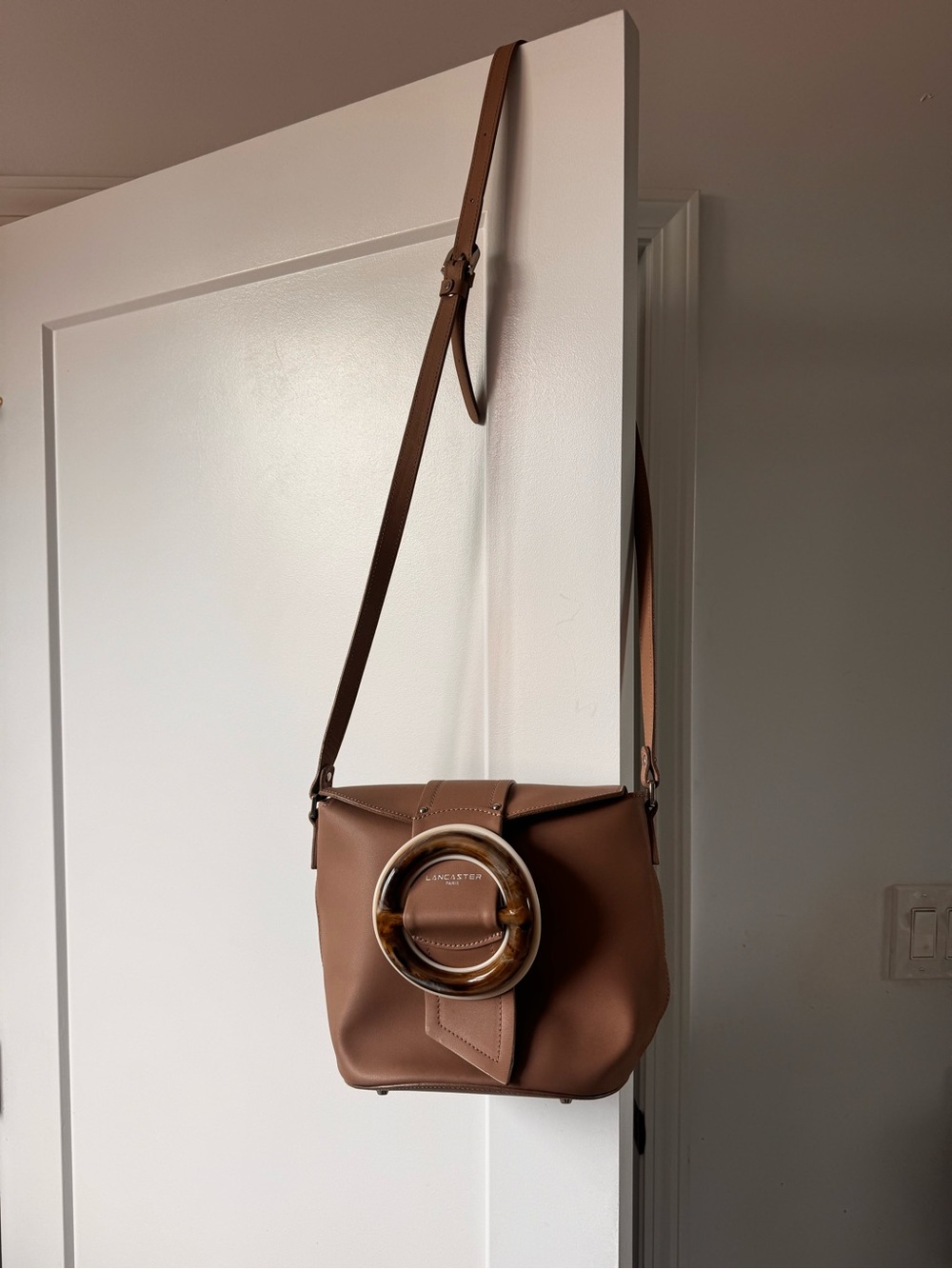 Lancaster Brown Tan Crossbody Bag with Decorative Ring Accent